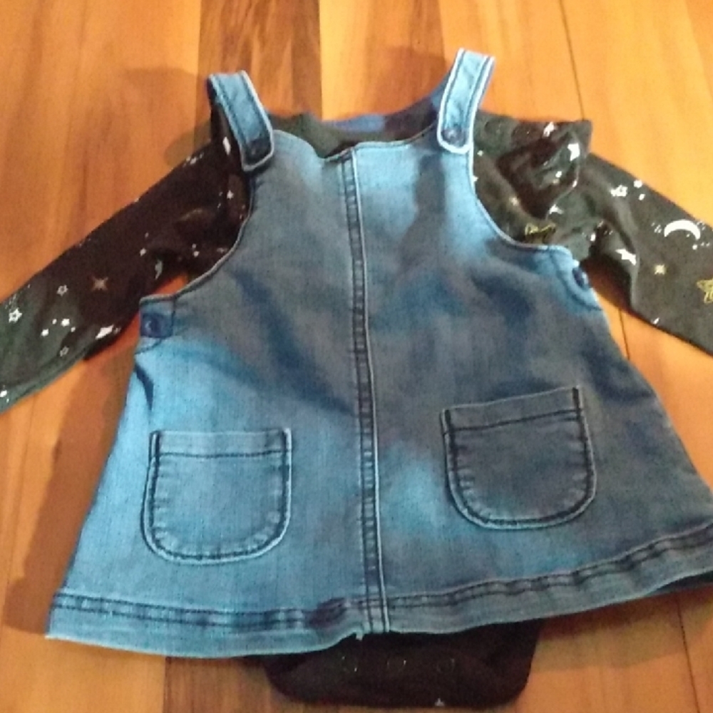 Carter's 9 Months Girls Denim Overall Jumper Dress with Long Sleeve Bodysuit